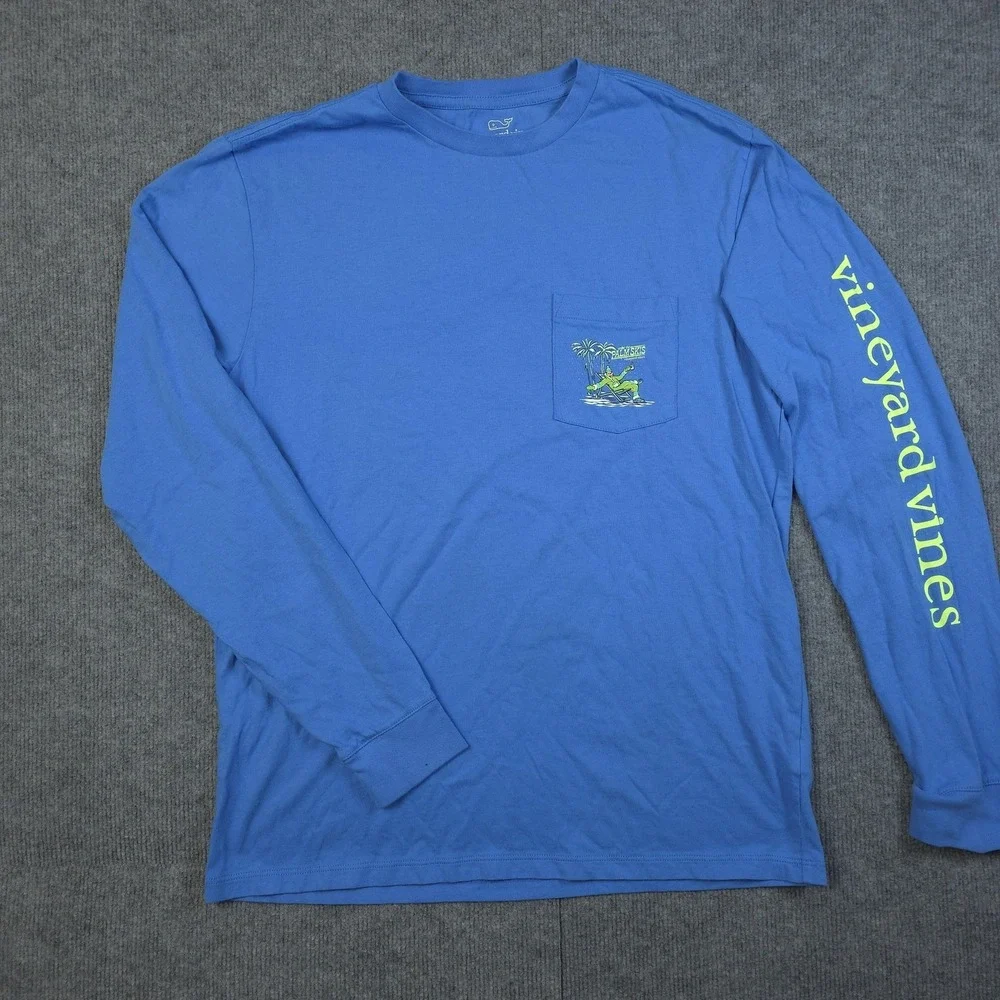 Vineyard Vines Shirt Mens Medium Blue Long Sleeve Palm Skis Retro Apres Skiing